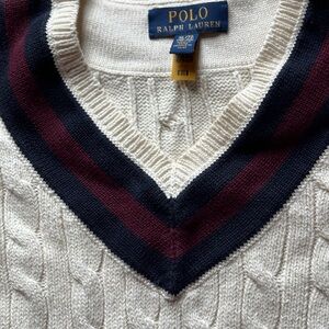 Ralph Lauren Cream Cable-Knit V-Neck Sweater with Navy & Burgundy Stripes
